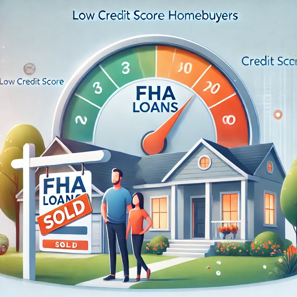 DALL·E 2025-01-07 17.28.48 - An illustration representing FHA loans for low credit score homebuyers. The image shows a happy family standing outside their new home with a 'Sold' s.webp