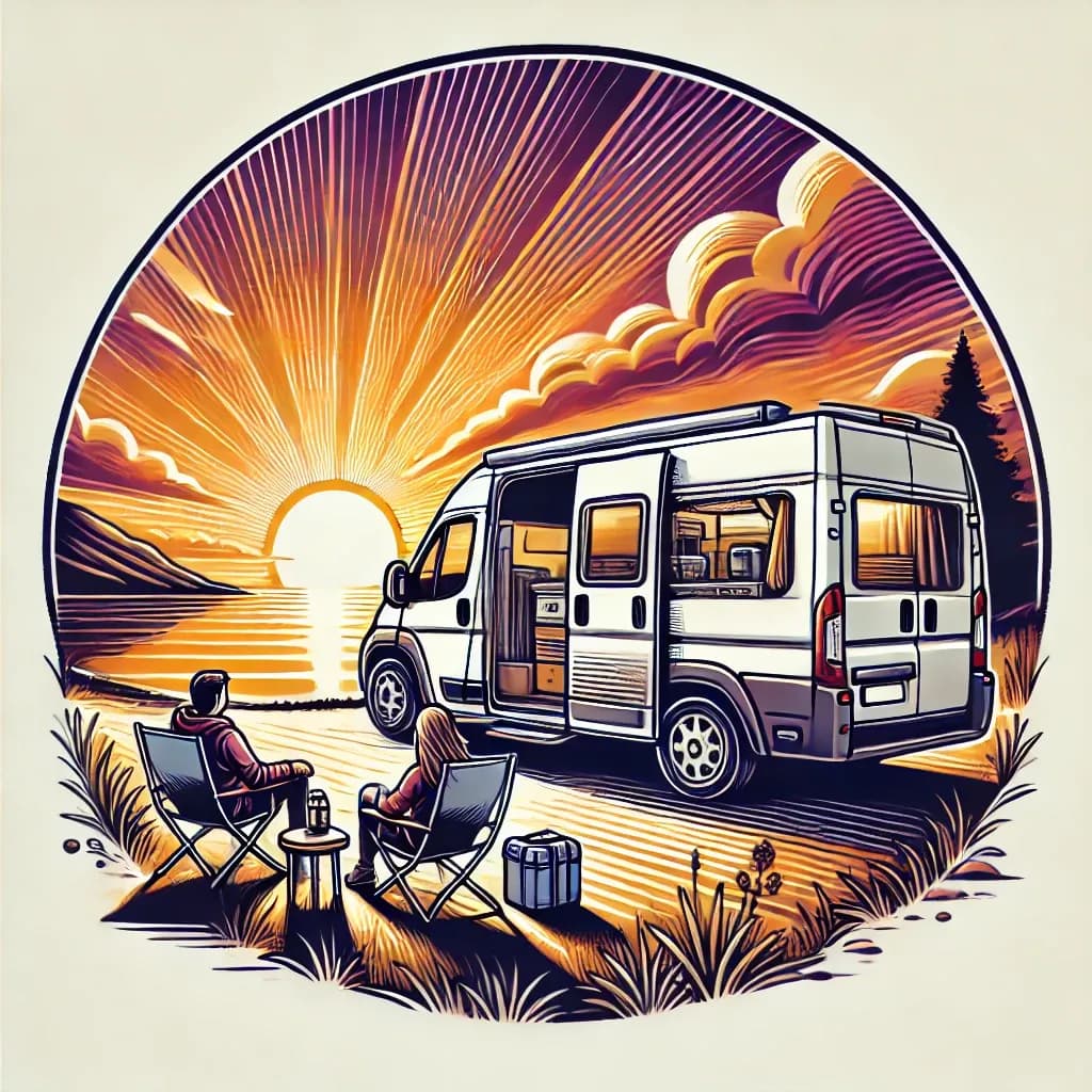 DALL·E 2025-01-08 14.48.55 - An illustration featuring a small camper van parked near a scenic location with a breathtaking sunset in the background. The van is compact and cozy, .webp