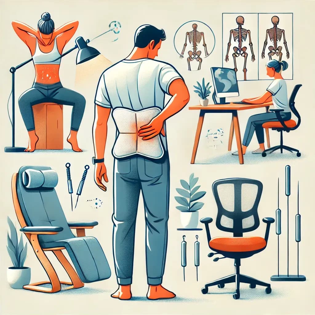 DALL·E 2025-01-10 12.38.07 - An illustration focusing on back pain relief. The image features a person using a heat pack on their lower back while another person is shown doing li.webp