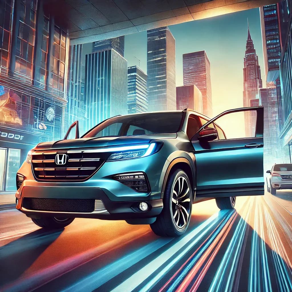 DALL·E 2025-01-10 14.10.02 - A visually stunning illustration of the 2025 Honda Pilot in a modern urban setting. The SUV features a bold front grille, sleek LED headlights, and a .webp