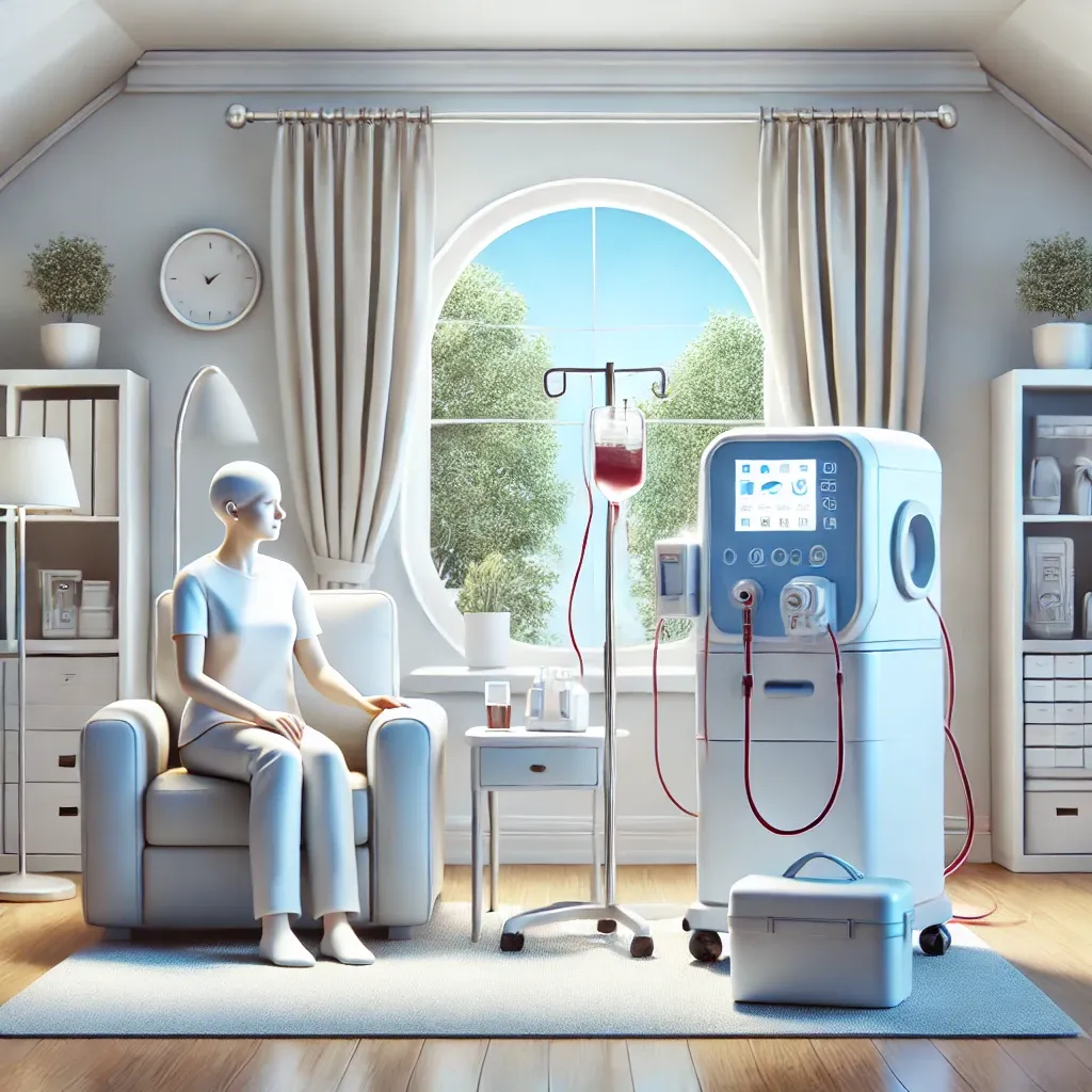 DALL·E 2025-01-10 14.33.55 - An illustration of a home dialysis setup in a clean and modern living space. The image features a patient comfortably seated next to a compact dialysi.webp