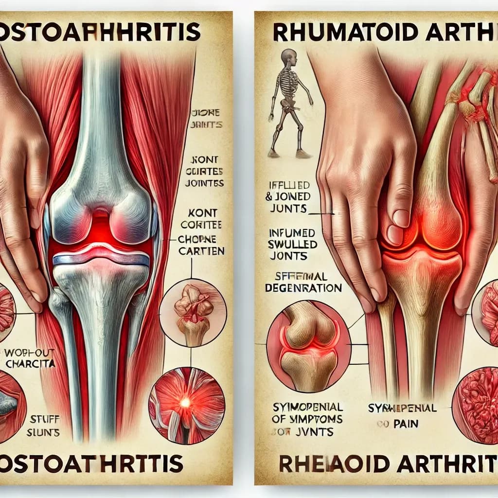 DALL·E 2025-01-13 14.49.35 - A detailed illustration comparing Osteoarthritis and Rheumatoid Arthritis. On the left side, Osteoarthritis is depicted as a close-up of a knee joint .webp
