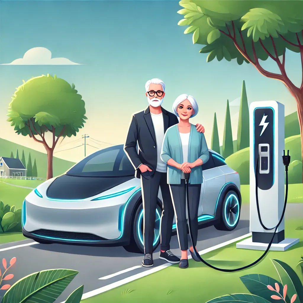 DALL·E 2025-01-28 15.45.08 - An illustration of a senior couple standing next to a modern electric car in a scenic park. The car is sleek, showcasing a futuristic design with vibr.webp