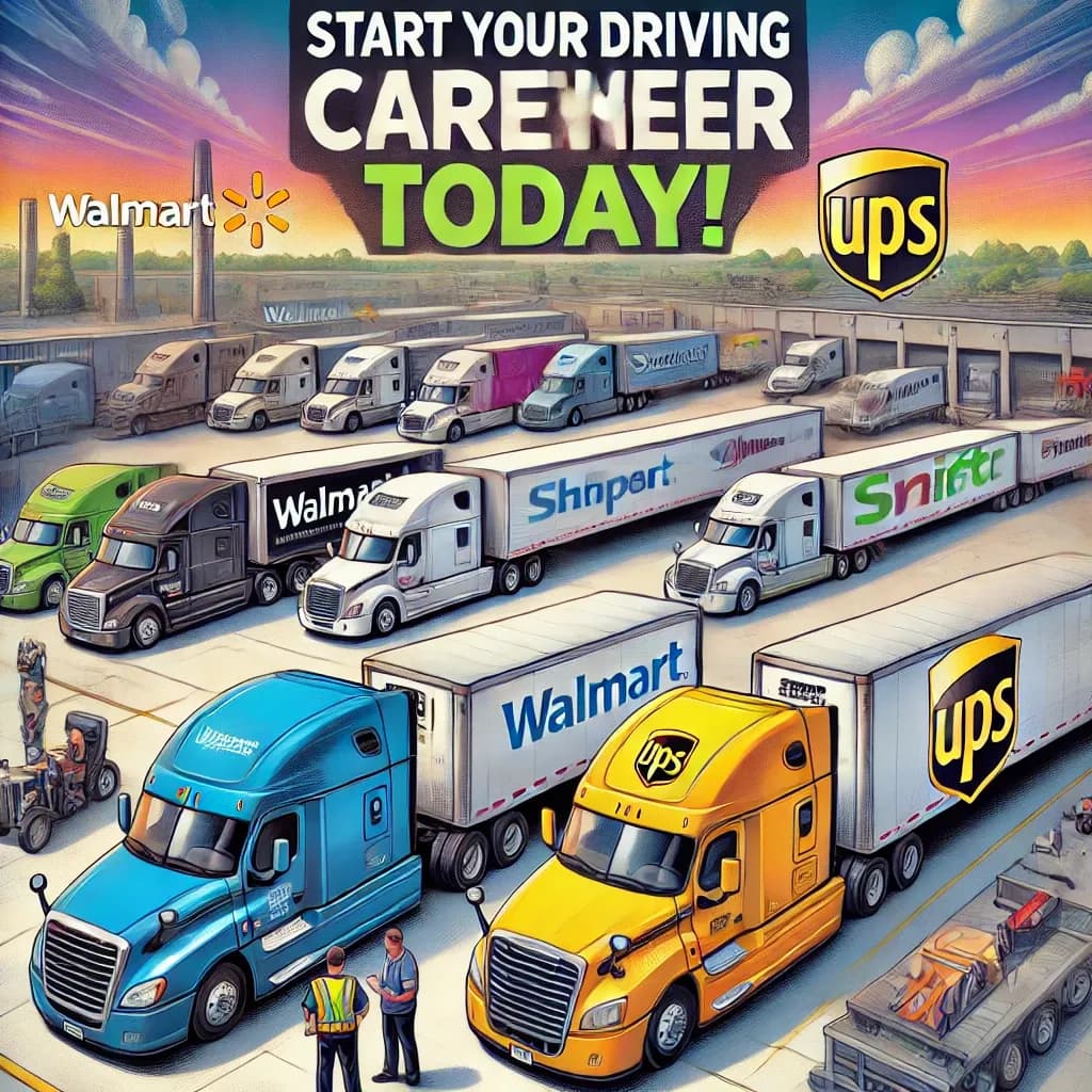 DALL·E 2025-01-28 15.55.13 - A vibrant illustration showcasing CDL sponsorship programs by top employers in the trucking industry. The image features trucks with logos of major co.webp