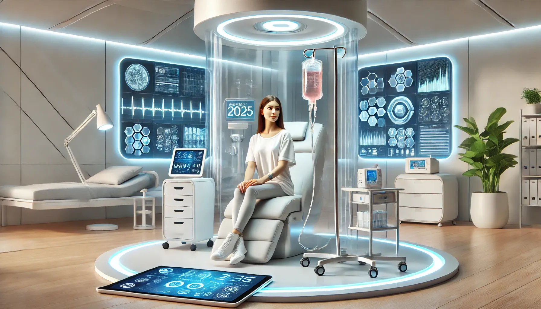 DALL·E 2025-03-21 14.13.31 - A futuristic, clean medical setting with a young woman receiving at-home IV therapy, surrounded by sleek health tech devices and digital diagnostic di.webp